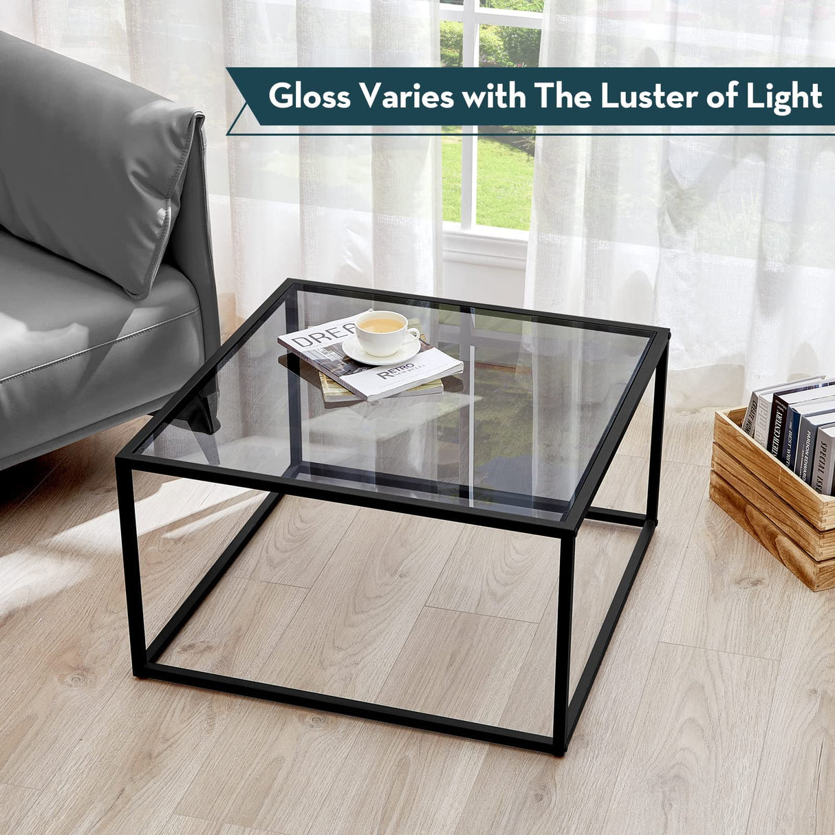 SAYGOER Glass Coffee Table, Small Modern Coffee Table Square Simple Center Tables for Living Room 26.7 x 26.7 x 17.7 Inches, Gray Black SAYGOER