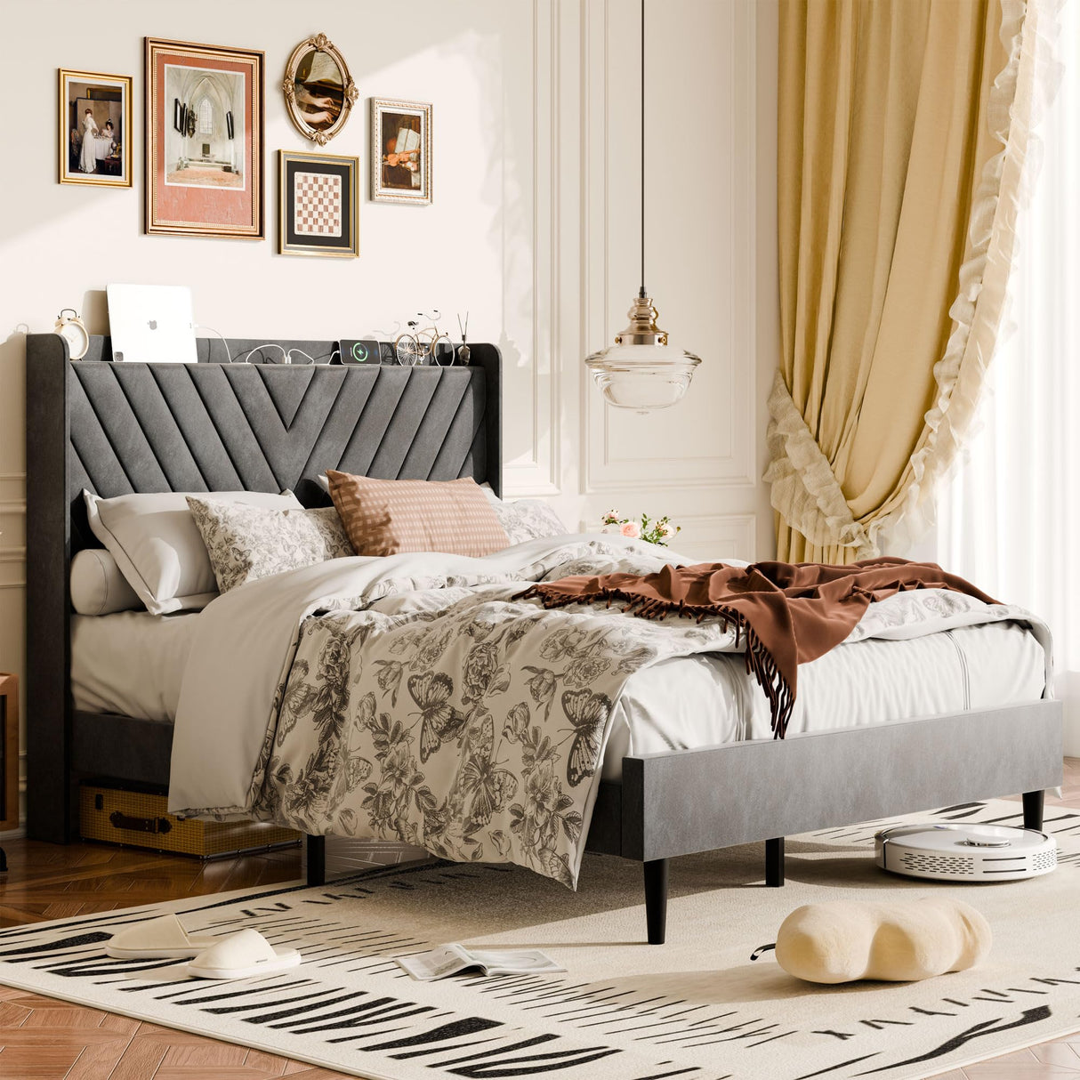 SUNLEI Bed Frame with Wingback Storage Headboard, Queen Size Bed Frame with Charging Station and Velvet Fabric, Strong Wood Slats, Easy Assembly, No Box Spring Needed, Light Grey SUNLEI