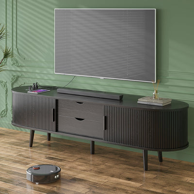 Mid Century Modern TV Stand for 65/55/50 inch TV, Farmhouse TV Stand with Charging Station, Fluted Entertainment Center with Storage and Sliding Doors, TV and Media Consol for Living Room, Black, 59"