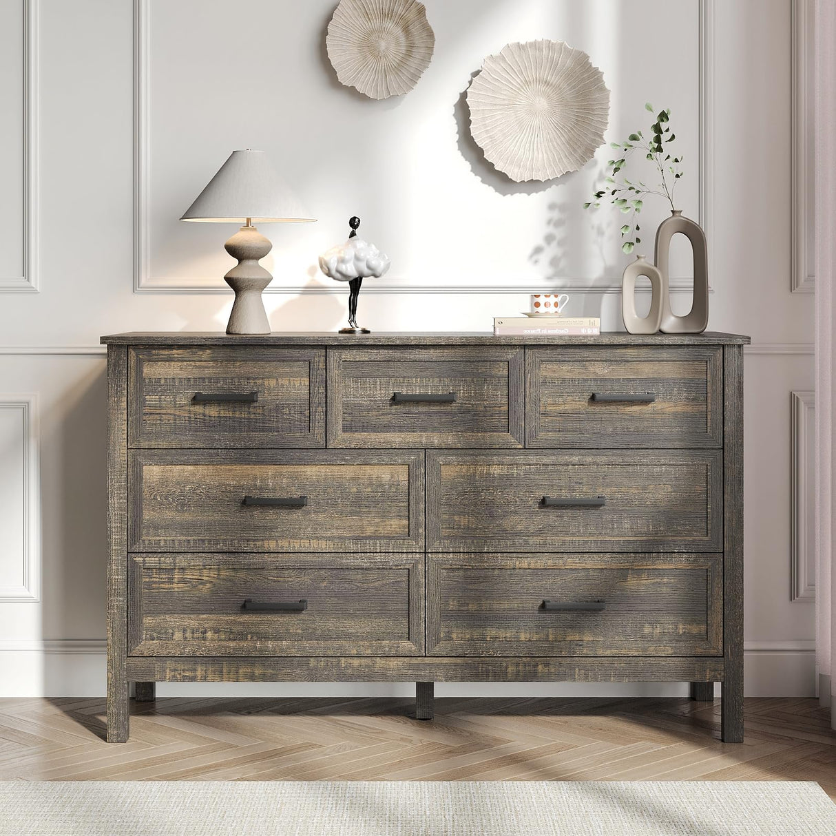 BAZELOR Farmhouse 7 Drawers Dresser for Bedroom, Wood Rustic Wide Chest with Natural Texture, Farmhouse Chest of Drawers for Bedroom, Hallway, Entryway, Dark Brown BAZELOR