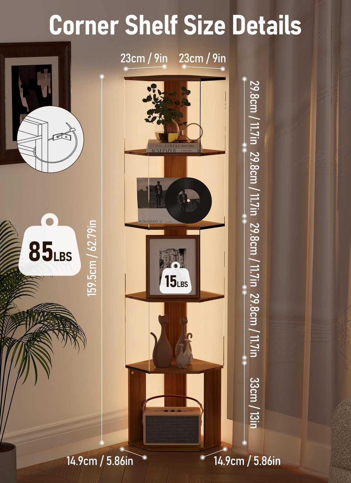 Quikraen 6 Tier Corner Display Rack with Light Clear Arylic Corner Shelves 63in Tall Cabinet with Dimmable LED Light for Display Curio Cabinet Quikraen