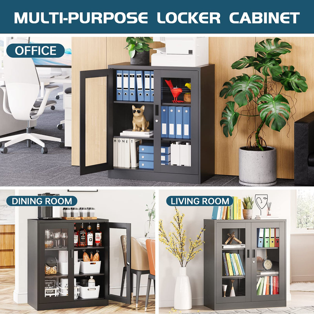 MIIIKO Metal Storage Cabinet with Glass Doors, Counter High Display Cabinet with 2 Adjustable Shelves and Tempered Glass Doors, Locking Small Display Cabinet… MIIIKO