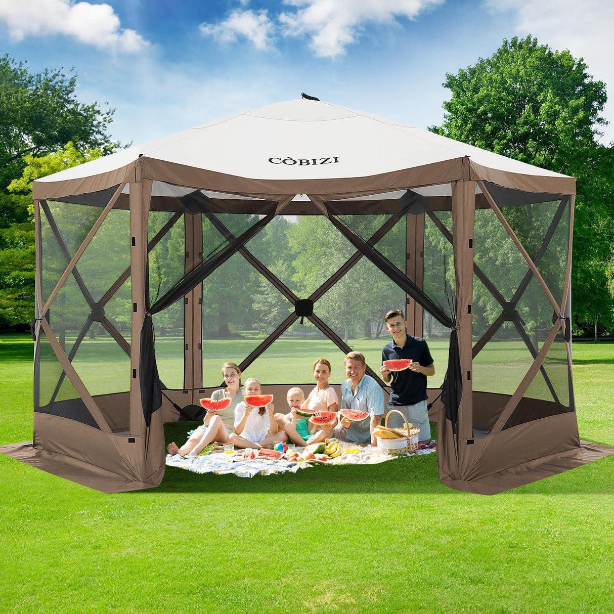 COBIZI 12x12ft Pop up Gazebo Screen Tent Screen House for Camping, Camping Outdoor Screened Gazebo with Mosquito Netting, Portable Hub Tent with Carrying Bag and Ground Stakes, Brown(Upgraded 2.0) COBIZI