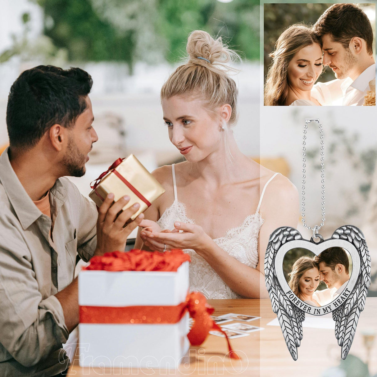 Framendino, 4 Pack Silver Angel Wing Pendant Love Heart Personalized Car Hanging Ornament with Sublimation Blank Heat Transfer Photo for Home Window Framendino