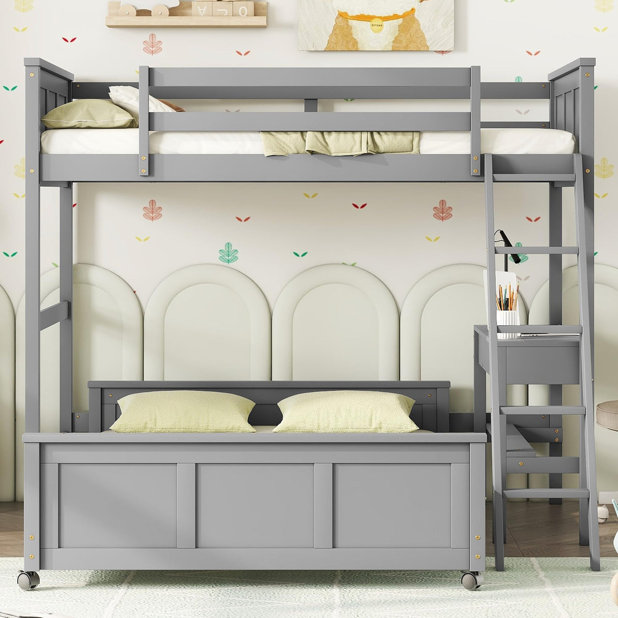 Harper & Bright Designs Twin Over Full Bunk Bed with Desk and Storage Drawers in Grey Harper & Bright Designs