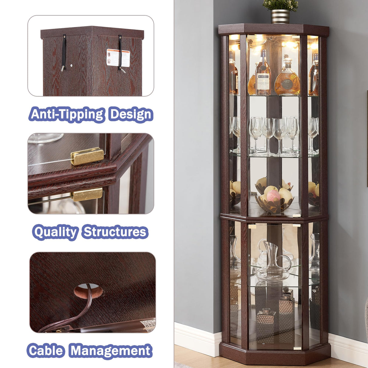 lunhung 69" H Corner Curio Cabinet with Light, Corner Glass Display Showcase with Adjustable Shelves & Glass Doors, Wooden Accent Storage Curio Storage Rack for Living Room (Dark Cherry) lunhung
