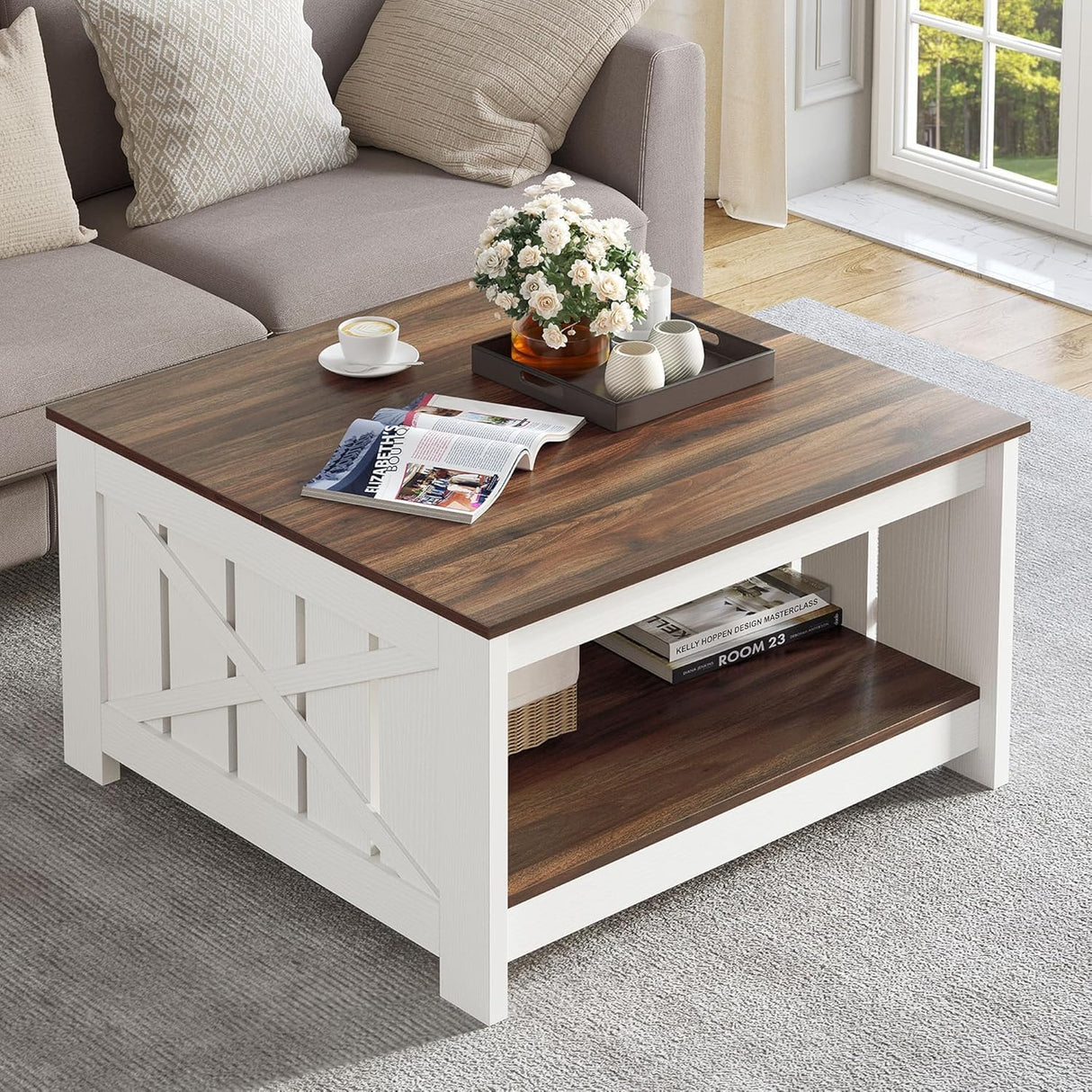YITAHOME Coffee Table Farmhouse Coffee Table with Storage Rustic Wood Cocktail Table, Square Coffee Table for Living Meeting Room with Half Open Storage Compartment, Brown with White YITAHOME