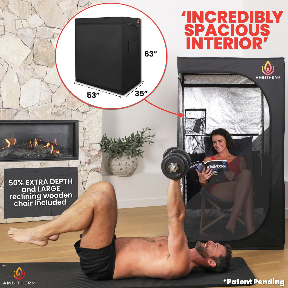AMBITHERM Large Portable Infrare d Sauna for Home – Extra Large Sauna Tent - 50% More Leg Room – Touch-Sensitive Entertainment Pocket– Reclining Beechwood Chair with Washable Fitted Towel AMBITHERM