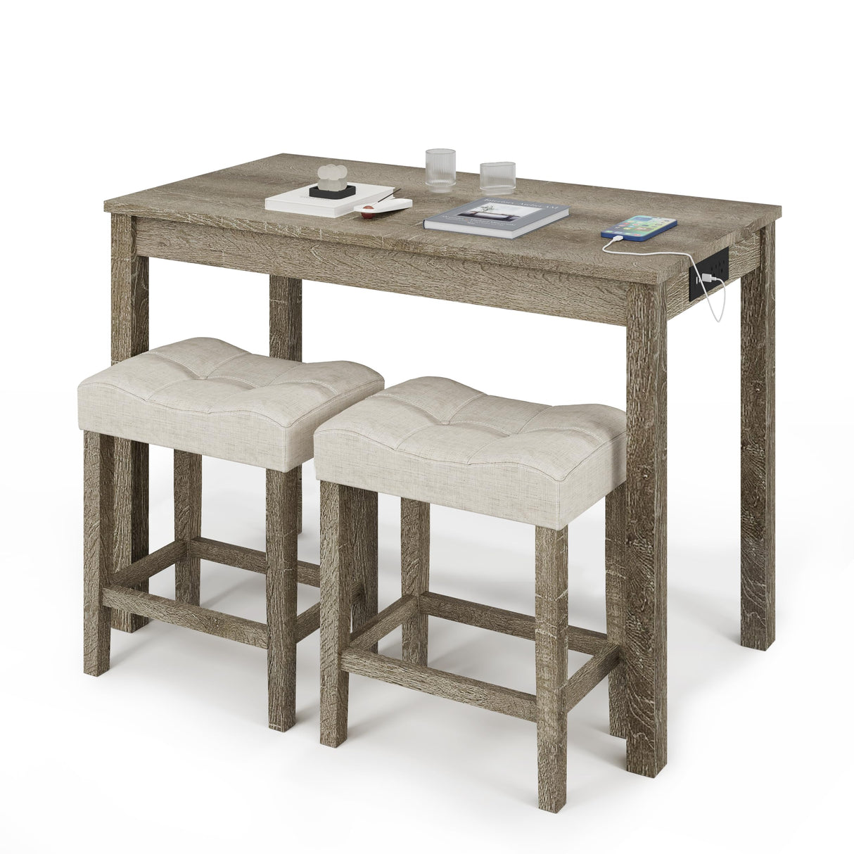 3-Piece Allamazing Natural Counter Height Bar Table Set with USB Ports and 2 Fabric Padded Stools allamazing