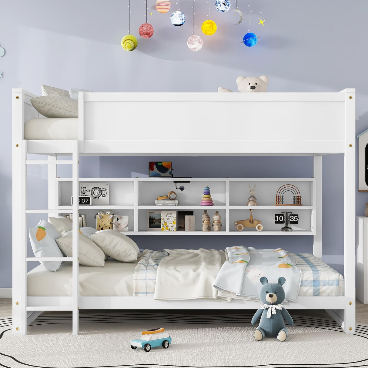 Harper & Bright Designs Queen Over Queen Bunk Bed with Built-in Storage Cabinets, Charging Station, Ladder and Safety Guardrails, Solid Pine Wood Bunk Bed, White Harper & Bright Designs