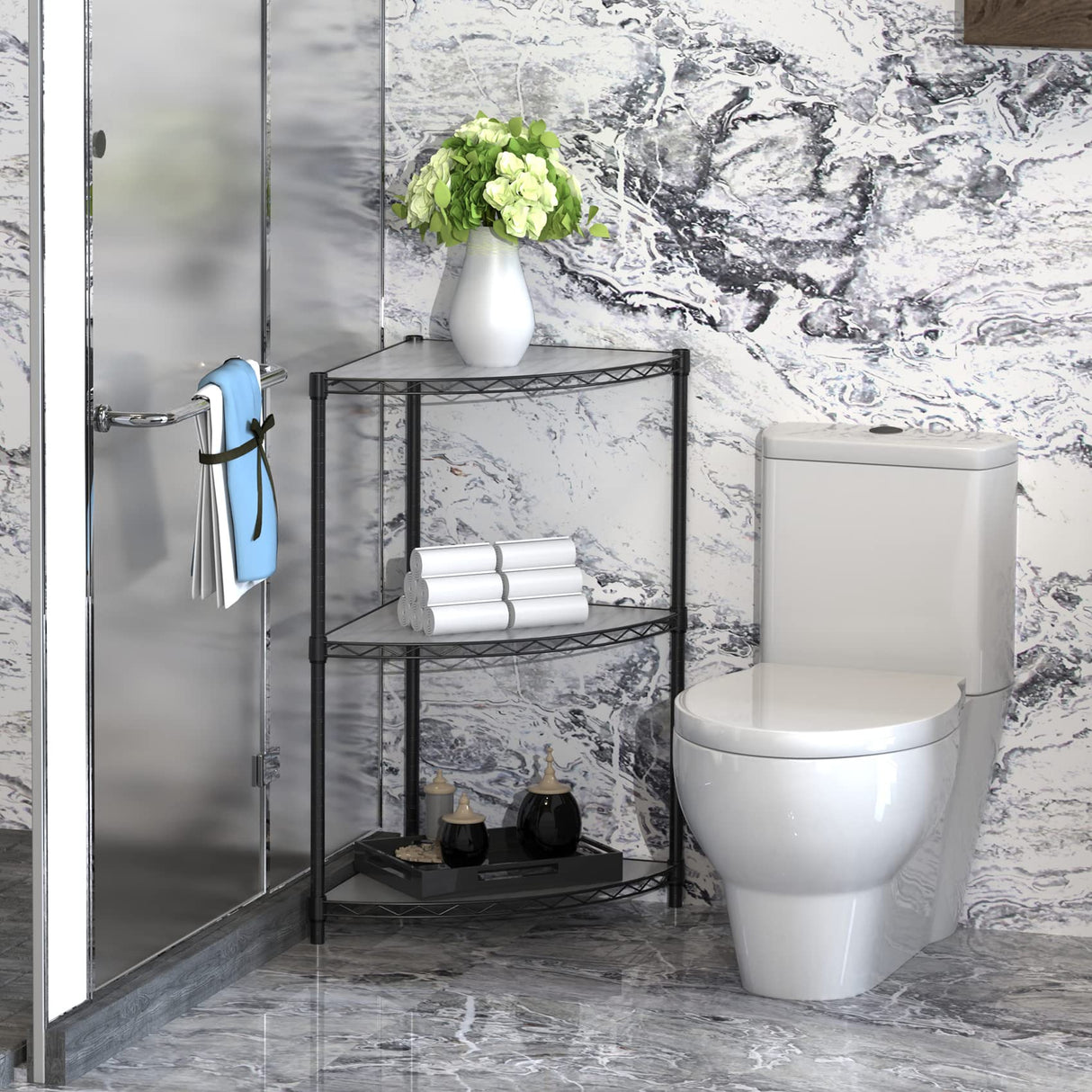 6 Tier NSF Metal Corner Shelf Wire Shelving Unit, 420lbs Capacity Heavy Duty Adjustable Storage Rack with Shelf Liners for Closet Kitchen Bathroom Garage Basement, 72" H x 18" L x 18" D - Black pouseayar