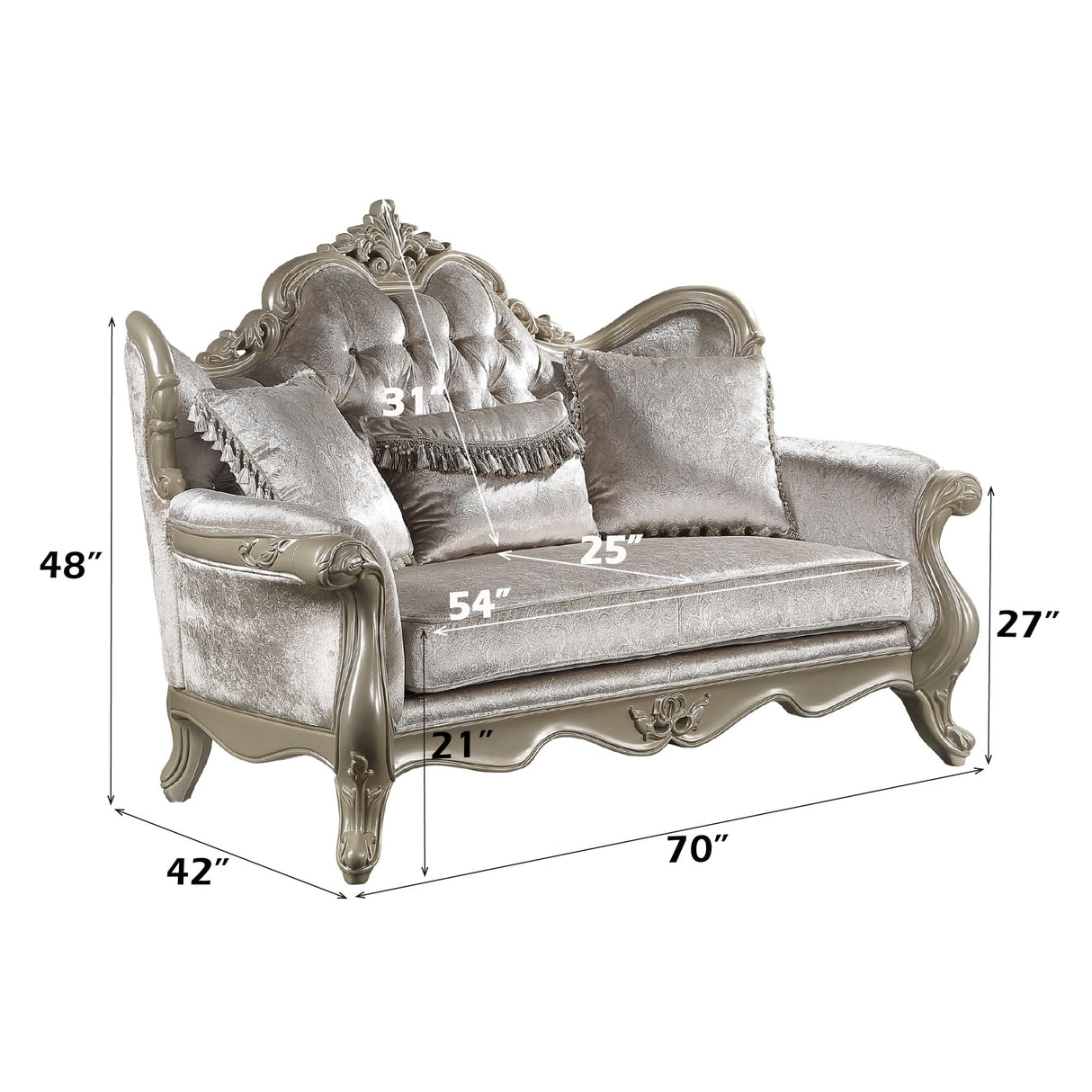 Acme Libertee Upholstered Loveseat with 3 Pillows in Beige and Champagne Acme