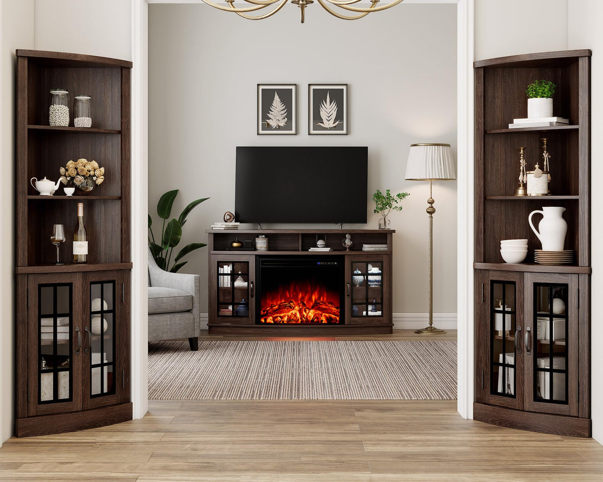 AMERLIFE Curved Corner Storage Cabinet, 65" Tall Freestanding Bookcase with Glass Doors & Adjustable Shelves, 5-Tier Corner Display Cabinet for Living Room, Bathroom, Laundry Room, Espresso AMERLIFE