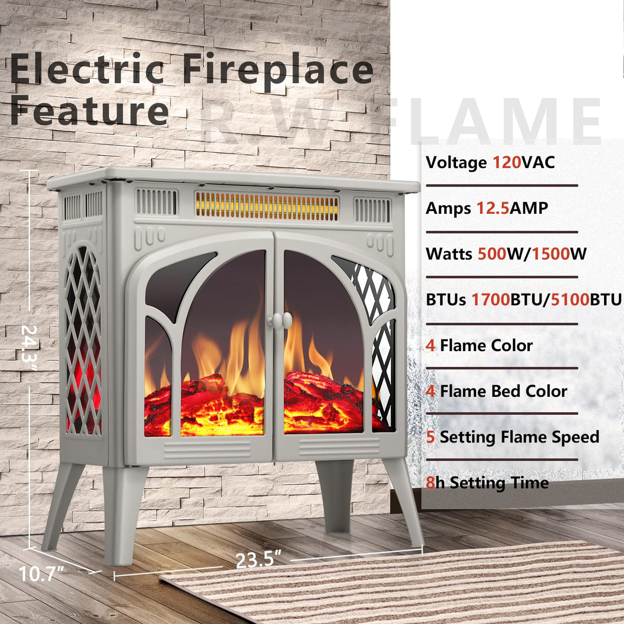 R.W.FLAME Electric Fireplace Heater 25" with Remote, Cathedral Stylish, Different Flame Effects and Log Set Colors, Adjustable Brightness and Heating Mode, Overheating Safe Design, Beige R.W.FLAME