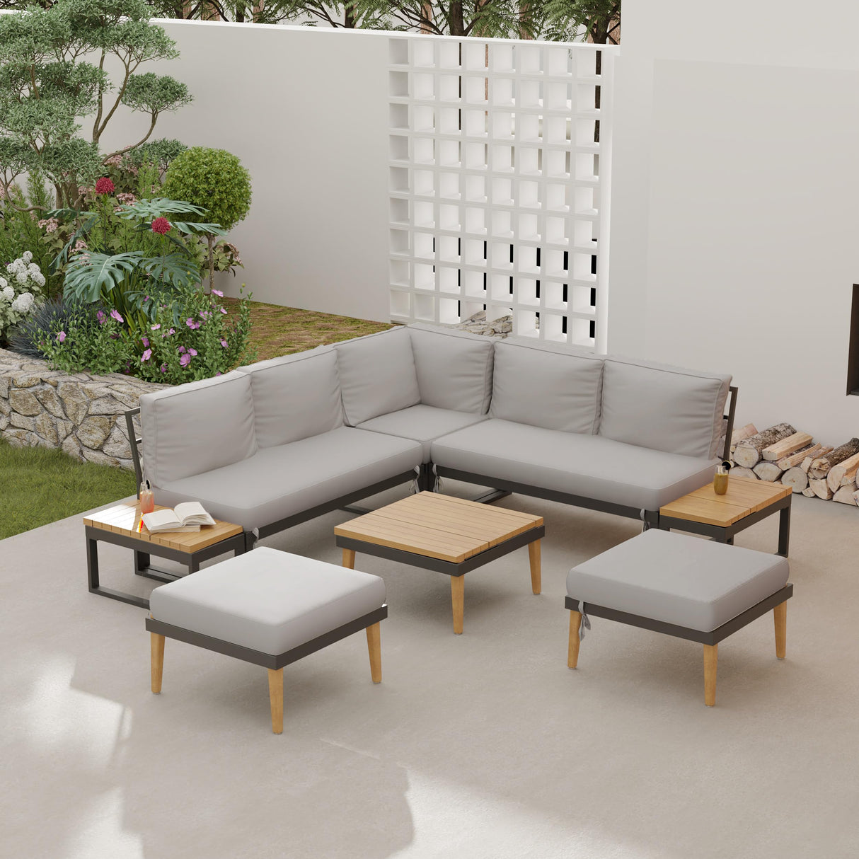 WiberWi 8 Pieces Patio Furniture Set, Outdoor Sectional Sofa Couch with Acacia Wood Coffee Table&Side Table,Modern Metal Outside Conversation Sets for Backyard,Lawn,Garden,Wood Legs,Beige WiberWi