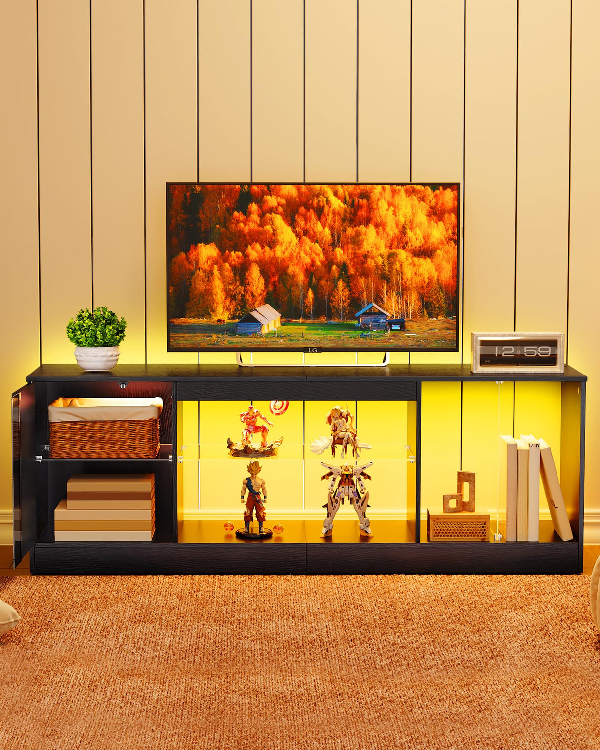 CHOEZON TV Stand with Power Outlets to 55 inch TV, Modern Entertainment Center with Multi-Color LED Light, Media TV Console with Adjustable Glass Shelves for Living Room, Bedroom, Black MDS01UDBB CHOEZON