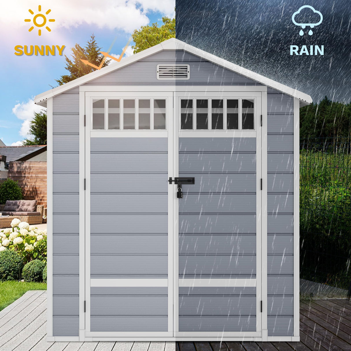 DWVO Outdoor Storage Shed, All-Weather Resin Plastic Storage Shed with Windows, Slanted Roof, Raised Floor, Capacity for Garden Tools & Equipment, Ideal for Backyard & Garden DWVO