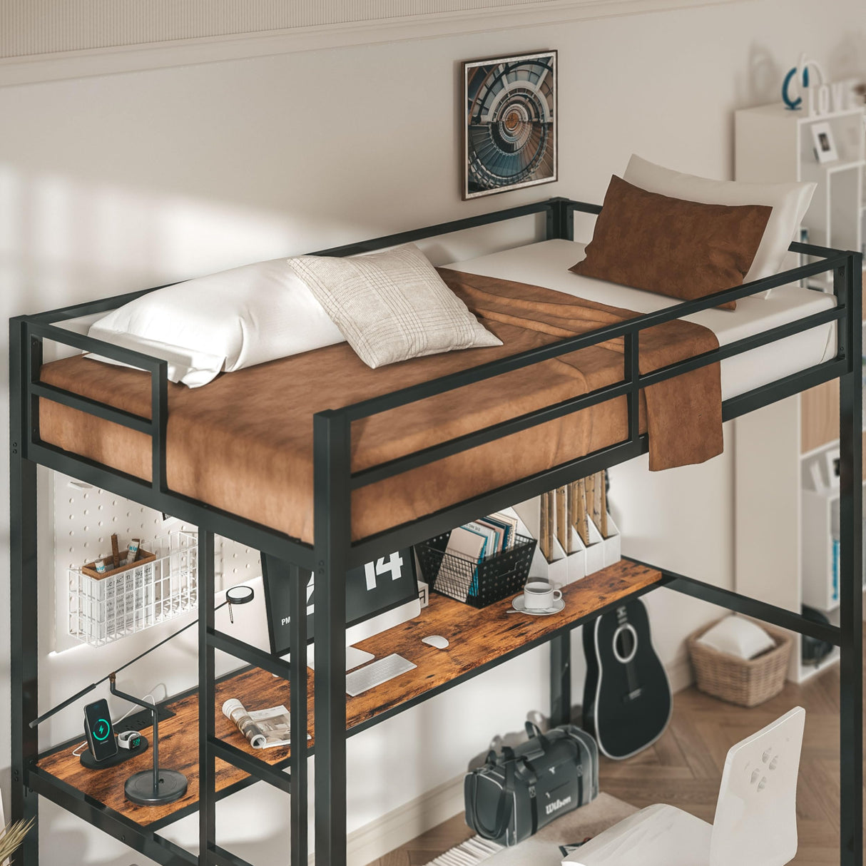LIKIMIO Twin Loft Bed with Desk, Power Outlet, LED Lights – Space-Saving Metal Frame in Black LIKIMIO