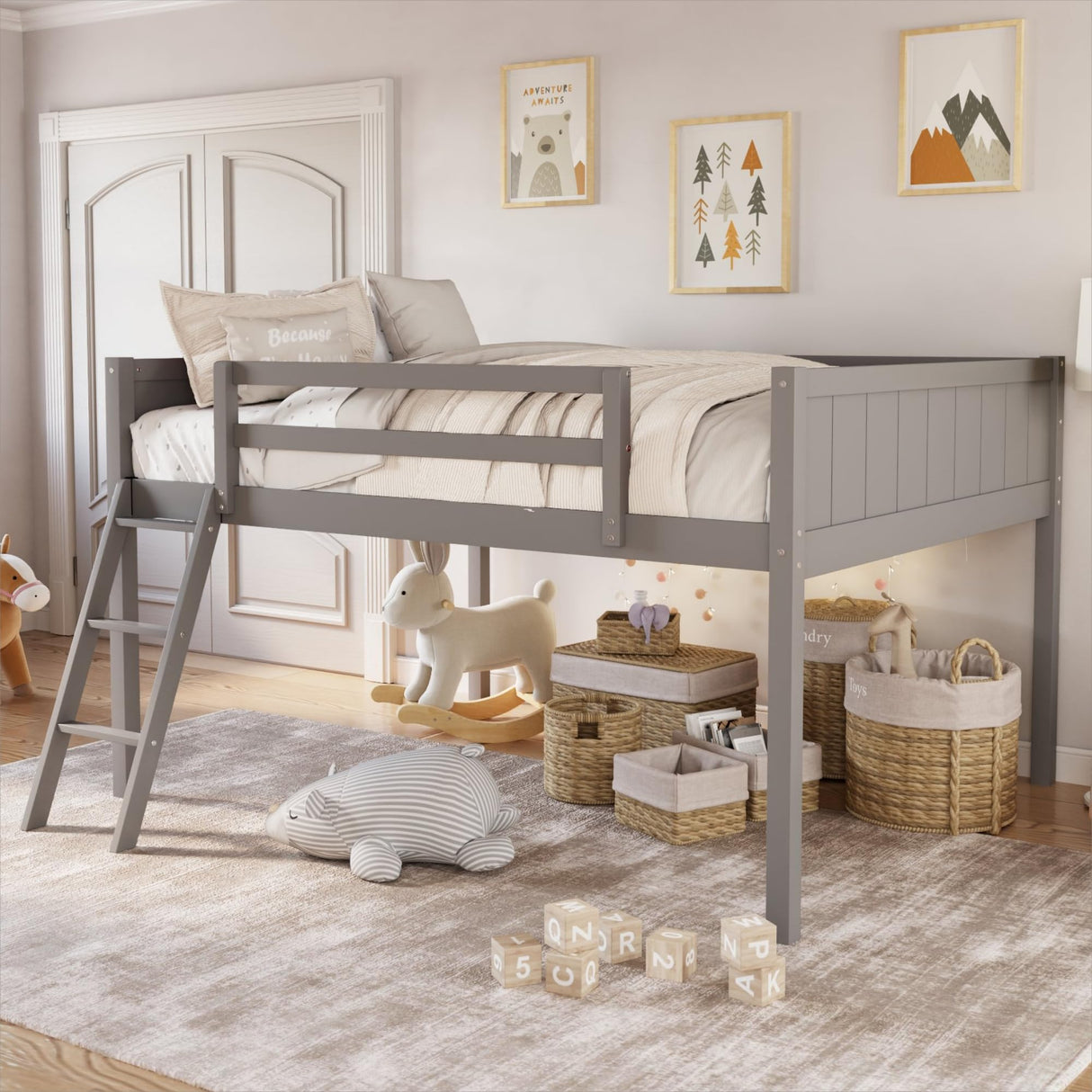 Merax Grey Low Loft Bed with Convertible Ladder and Full Guardrail, No Box Spring Needed Merax