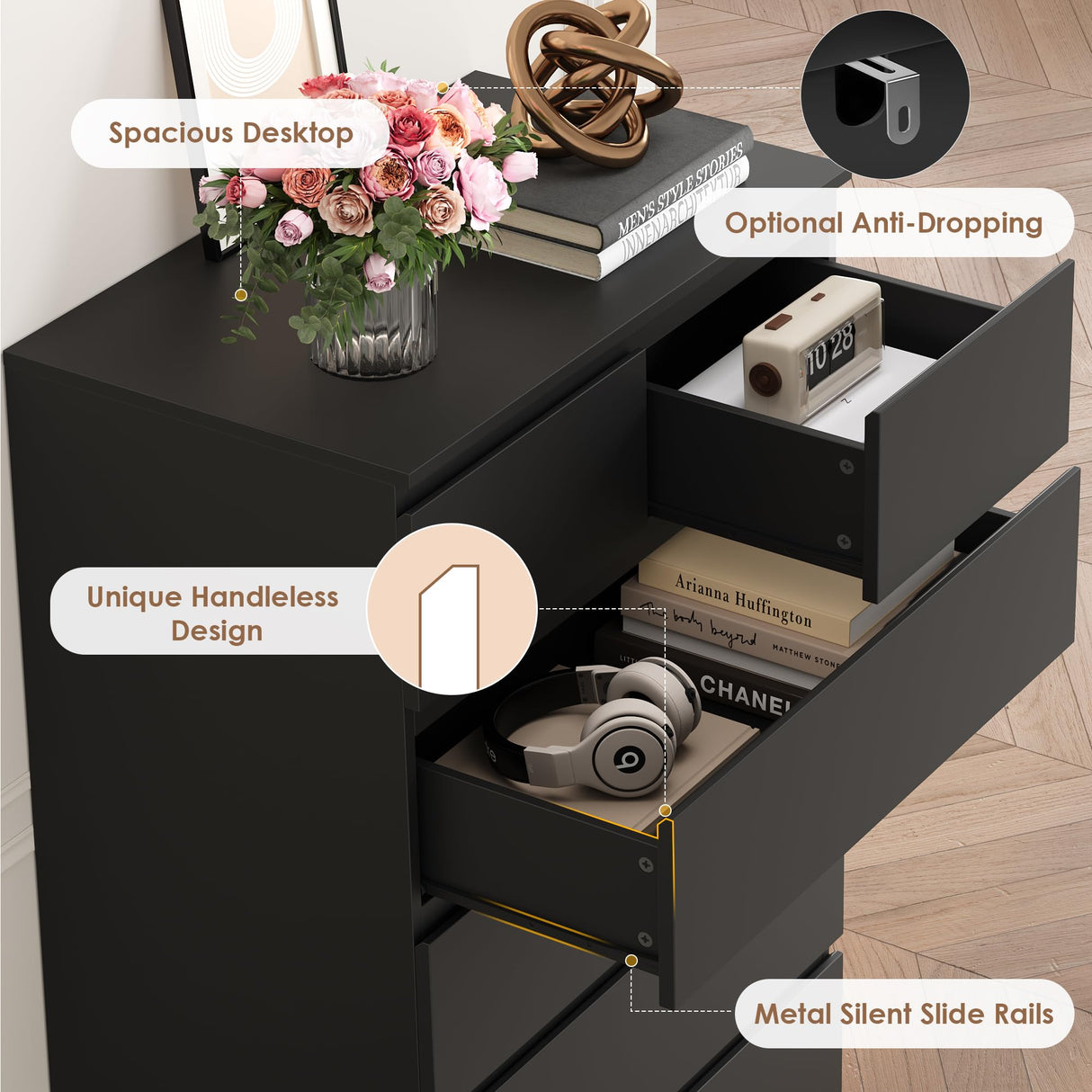 FOTOSOK 7 Drawer Dresser, Black Dresser Tall Dresser, 23.6W x 15.7D x 46.7H in Black Chest of Drawers with Large Storage Space for Home FOTOSOK