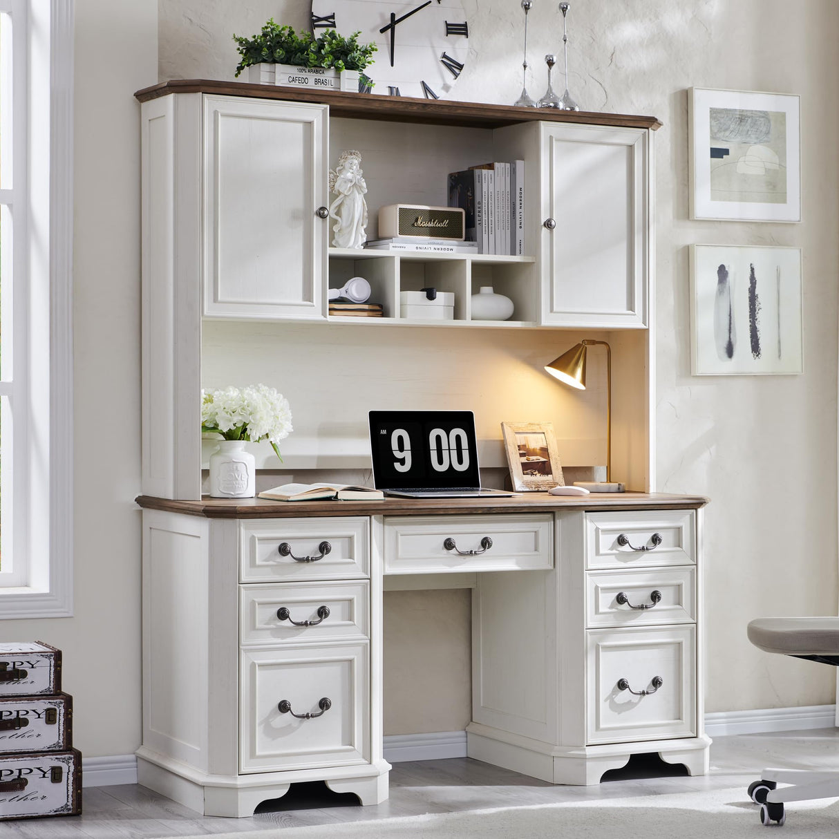 T4TREAM 59" Farmhouse Executive Desk with Hutch,Wood Home Office Computer Desk, Featuring Keyboard Tray,Charging Station,File Drawer, Storage Cabinet,for Work and Study (Antique White) T4TREAM