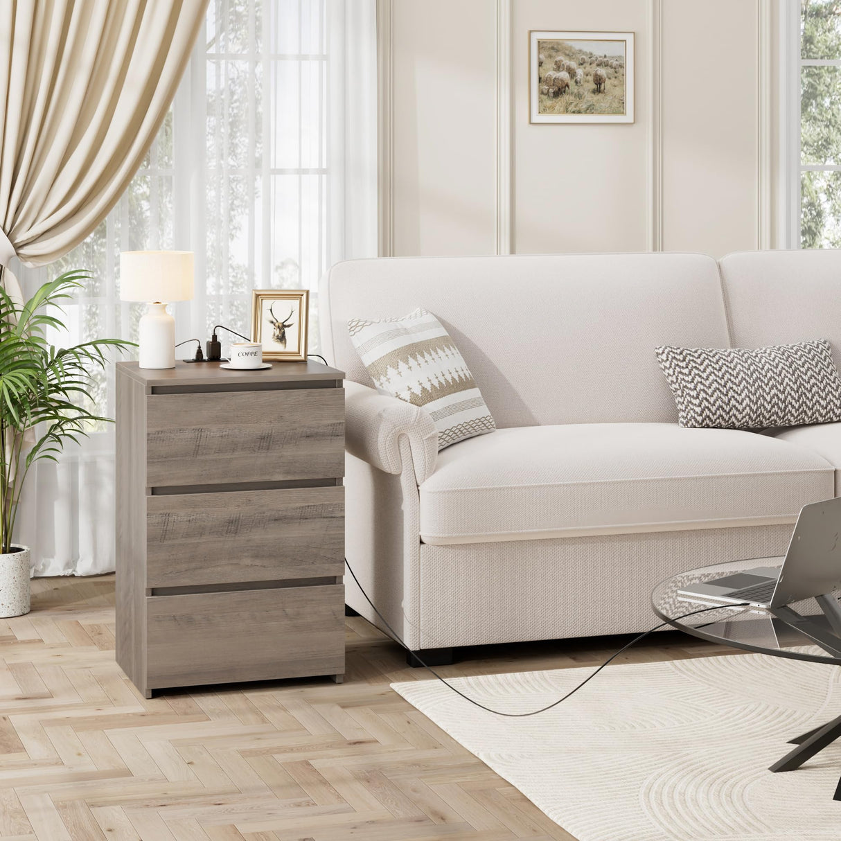 FOTOSOK Nightstand with Charging Station, Vintage Ash Grey Night Stand with USB Ports & Power Outlets, Silent Slides, Wooden End Side Table Bedside Table with 3 Drawers for Bedroom, Ash Grey FOTOSOK