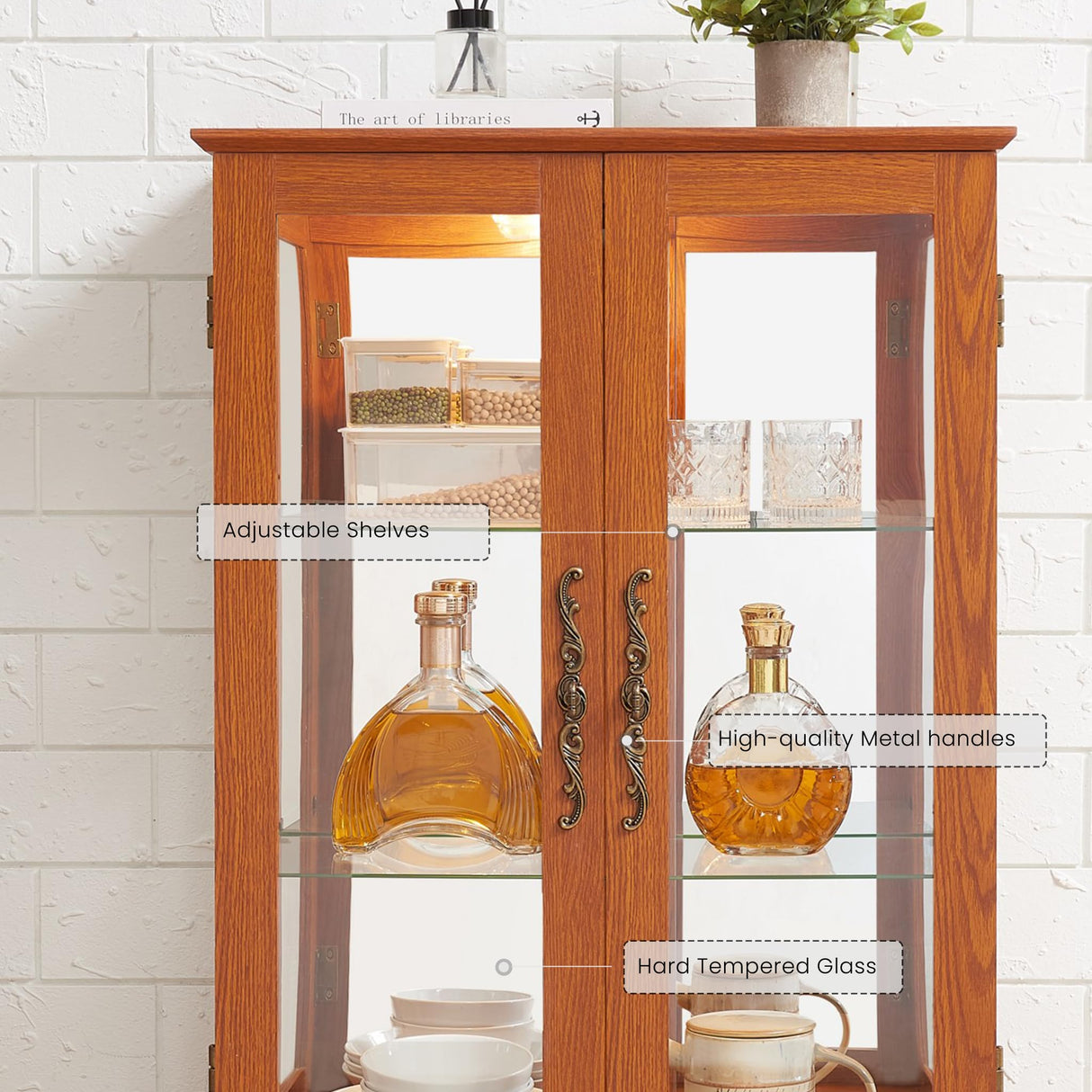 Eyisean Lighted Curio Cabinet 47" H China Cabinet with Tempered Glass Doors, 3-Tier Adjustable Shelves and Acrylic Mirrored Back Pane, Glass Display Cabinet for Living Room (Dark Oak) Eyisean