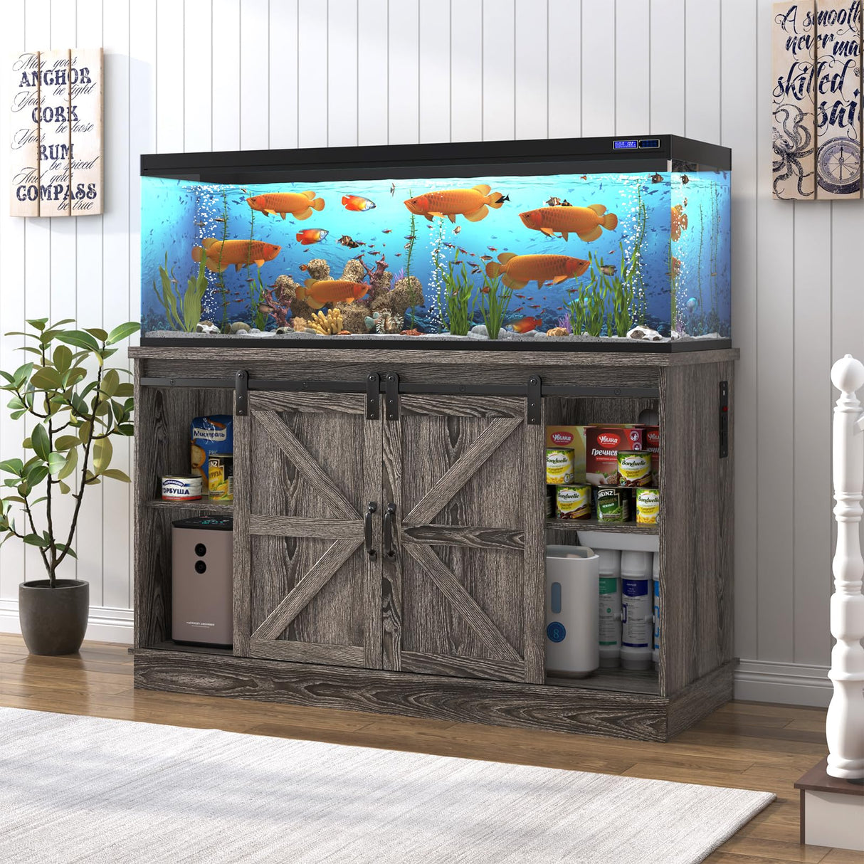 Hlivelood Farmhouse 55-75 Gallon Fish Tank Stand with Power Outlet, Aquarium Stand with Cabinet&Sliding Barn Door, Heavy Duty Reptile Tank Stand for 2 Fish Tank/Turtle Tank/Reptile Terrarium, Grey Hlivelood