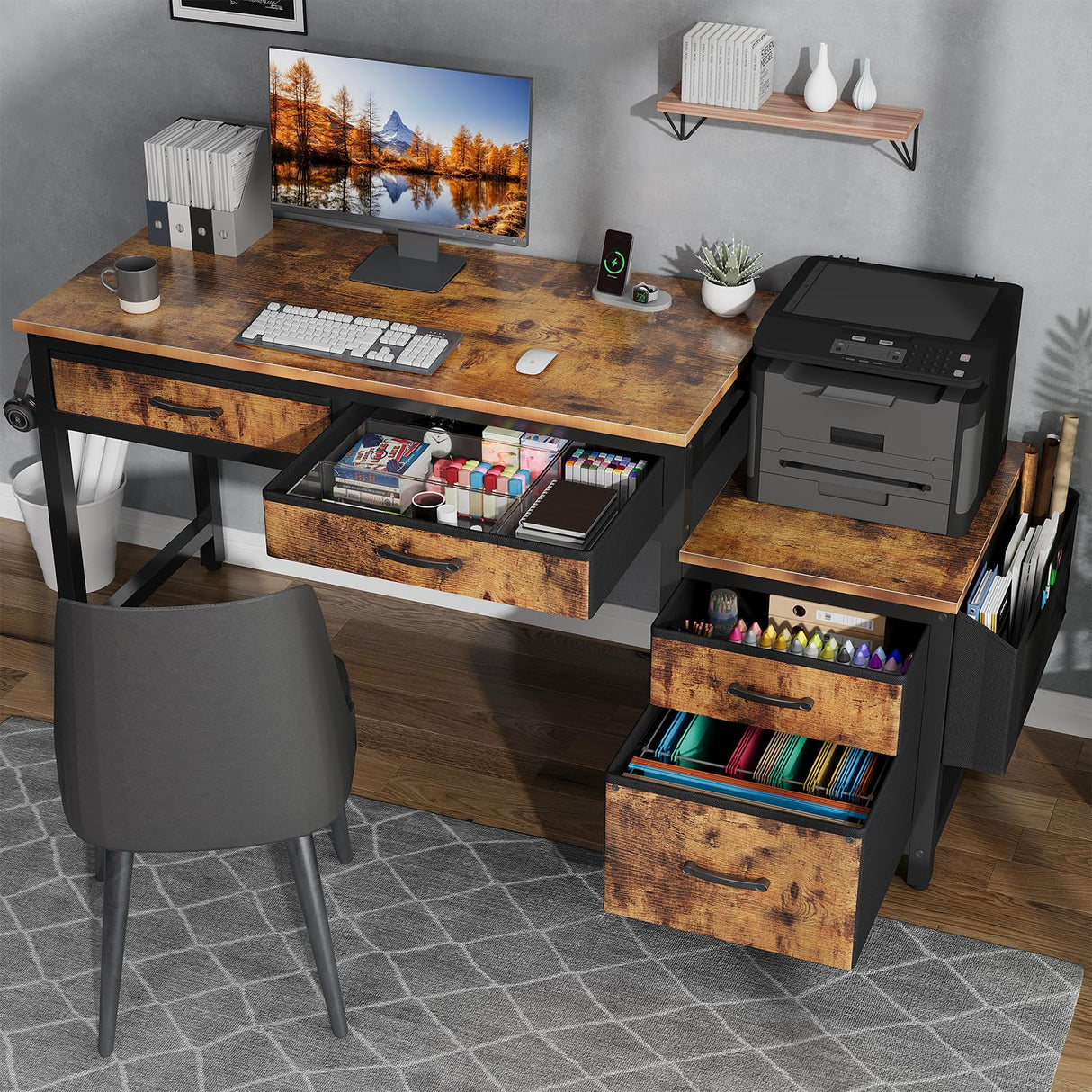 Lufeiya Computer Desk with Fabric File Drawers Cabinet, 57 Inch Home Office Desks with Filing Cabinet Printer Stand for Small Space, Study Writing Table PC Desks for Bedroom, Brown Lufeiya