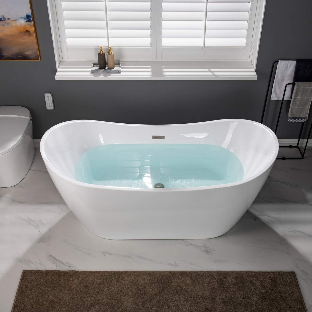 WOODBRIDGE 67" Acrylic Freestanding Bathtub Contemporary Soaking Tub with Brushed Nickel Overflow Overflow and Drain,White,B0010-BN WOODBRIDGE