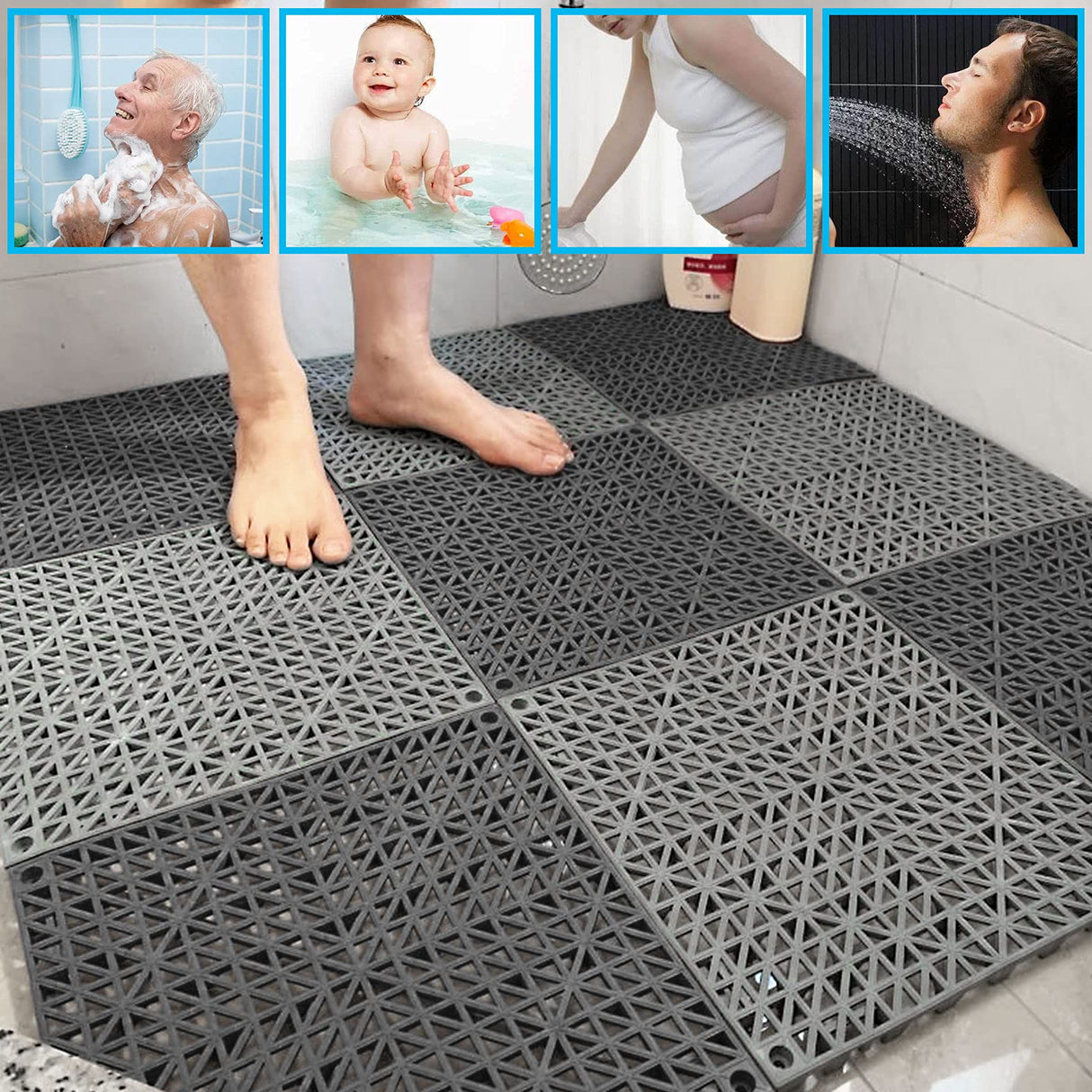 FengWu 12 Pack 12 x 12 Interlocking Rubber Bathroom Flooring Tiles Non-Slip Splicing Waterproof Mat Modular Interlocking Cushion Mat for Drain,Deck,Pool, Patio, Balcony, Shower, Kitchen, Yard, Grey FengWu