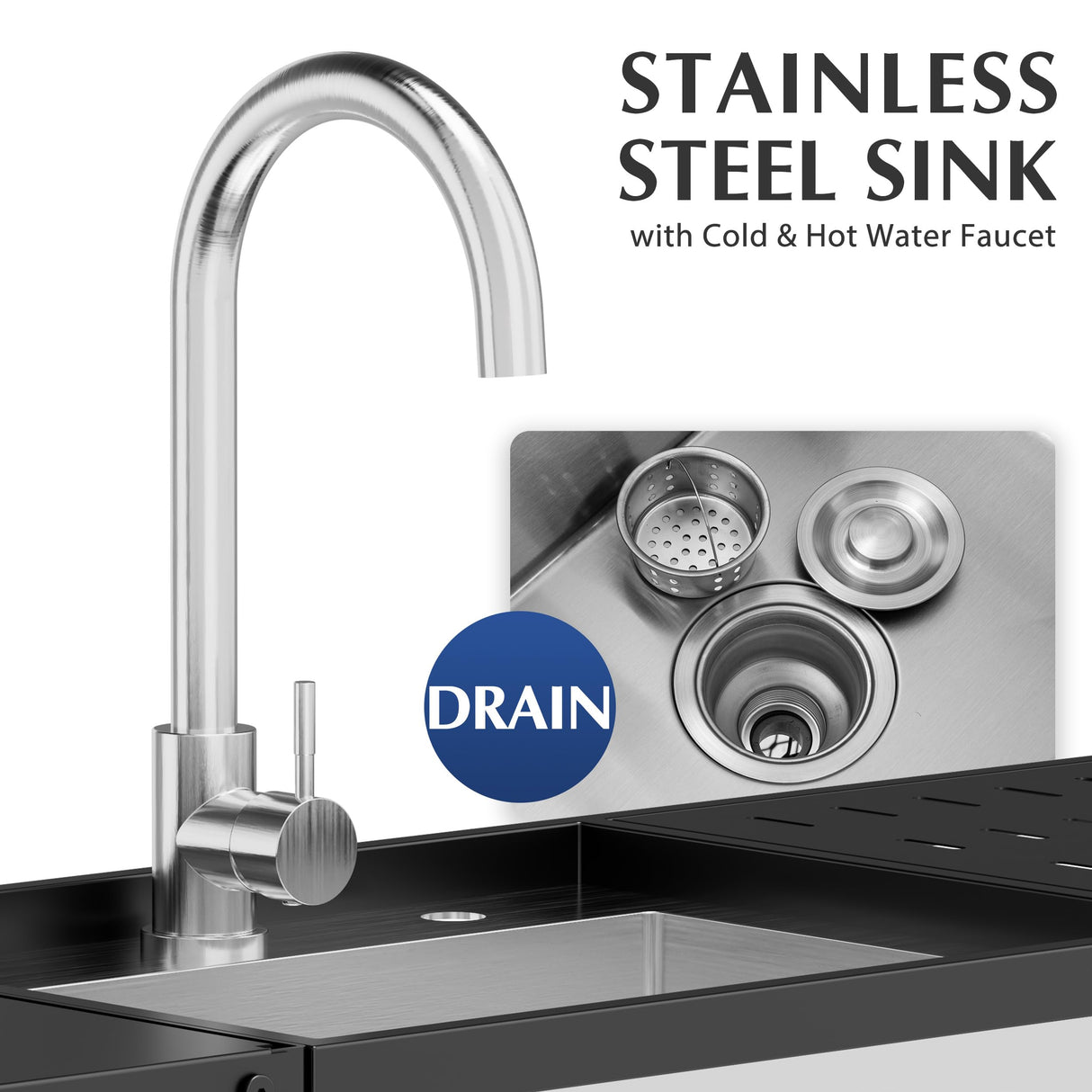 LUCKWIND 47" Freestanding Kitchen Utility Sink with Stainless Steel Single Bowl, Foldable Countertop and Cold & Hot Water Faucet for Farmhouse, Laundry, Garage, Outdoor and Commercial Use LUCKWIND