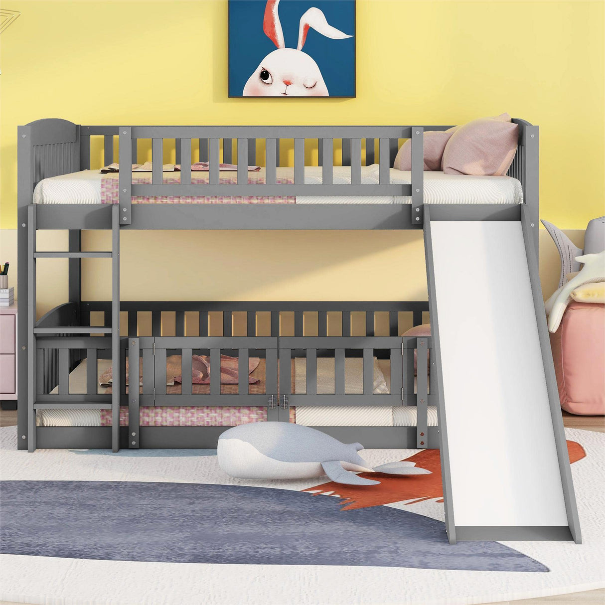 Harper & Bright Designs Bunk Bed with Slide, Full Over Full Low Bunk Bed with Fence & Ladder for Toddler Kids Girls Boys (Gray) Harper & Bright Designs