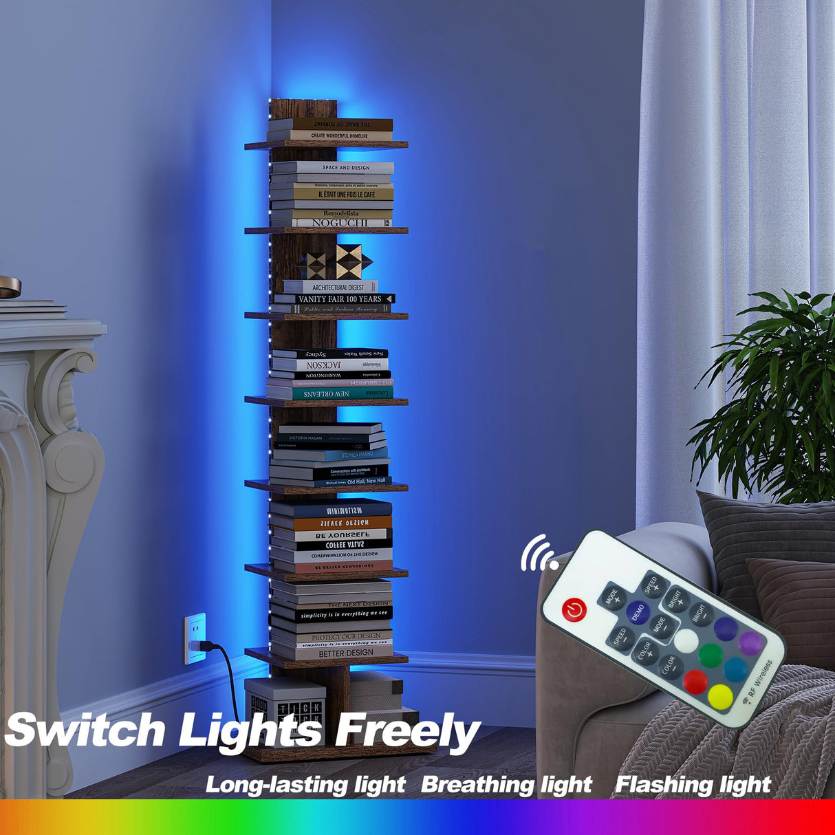 TUTOTAK Narrow Bookshelf, 8-Tier Bookcase with LED Lights, Spine Book Shelf for Small Space, Corner Standing Shelf for Living Room, Office, Study, Entryway, Rustic Brown BS06BB008L TUTOTAK