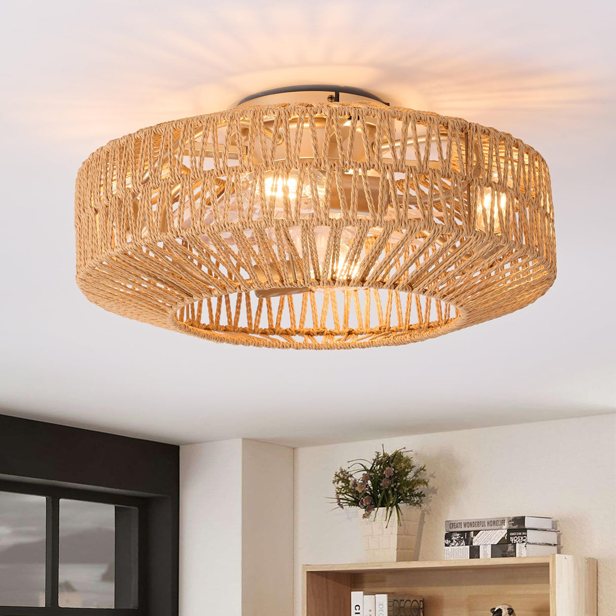 Gutenliter 20" Woven Caged Low Profile Bladeless Ceiling Fan with Light and Remote, Farmhouse Flush Mount Boho Ceiling Fans Light, Enclosed Industrial Ceiling Fan 6 Speed Reversible w/ 4 E26 Bulb Base Gutenliter