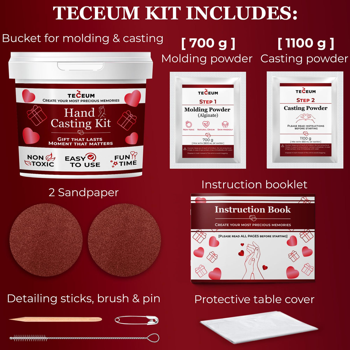 TECEUM Hand Casting Kit β Unique Gift for Babies & Adults β Ideal DIY Gift for Your Loved Ones, Couples, Family β For Wedding, Anniversary, Baby Shower, Motherβs Day, Christmas β Romantic Gifts β Kit1 TECEUM