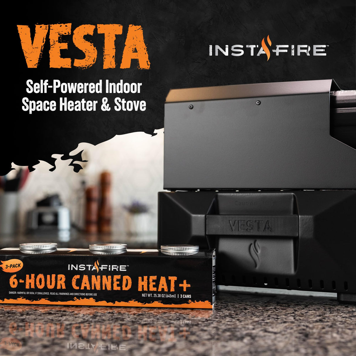 VESTA Self-Powered Camping Indoor/Outdoor Heater & Stove (Compact, Off-Grid, Emergency) Insta-Fire