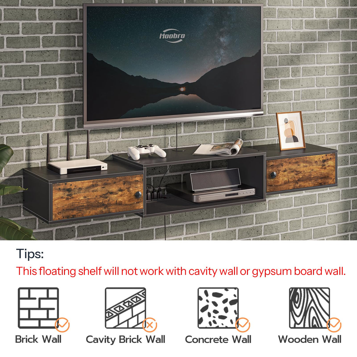 HOOBRO Floating TV Stand with Power Outlet 55", Modern Wall Mounted Media Console Shelf Cabinet for Under TV Storage, Entertainment Center, Living Room, Bedroom, Rustic Brown and Black BF11DS01 HOOBRO