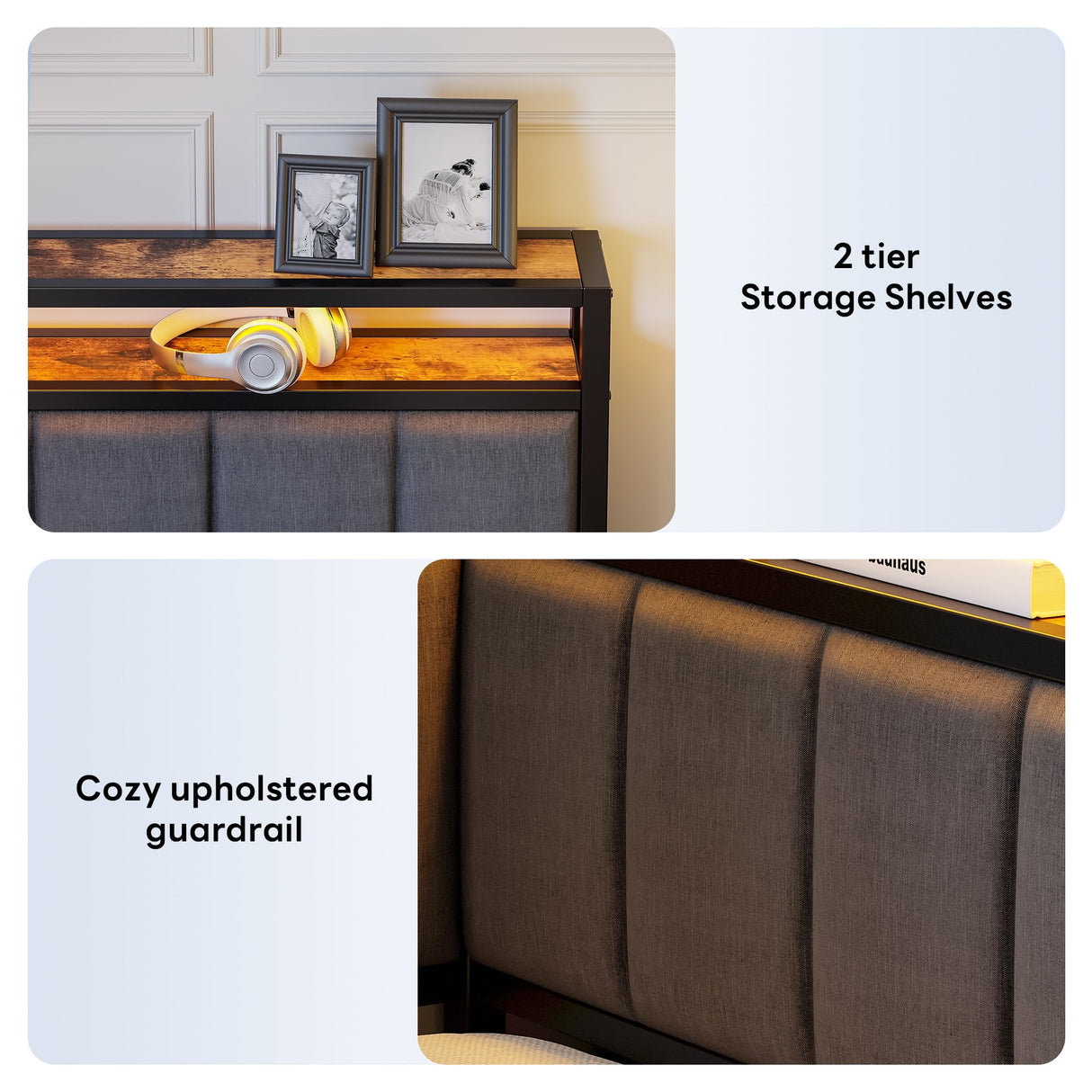 LIKIMIO Corner Twin Bed Frame with Trundle, Upholstered Storage Headboard & LED Lights, Twin Size Daybed with Charging Station, Sturdy Platform Metal Frame for Living Room, Bedroom, Guest Room, Gray LIKIMIO