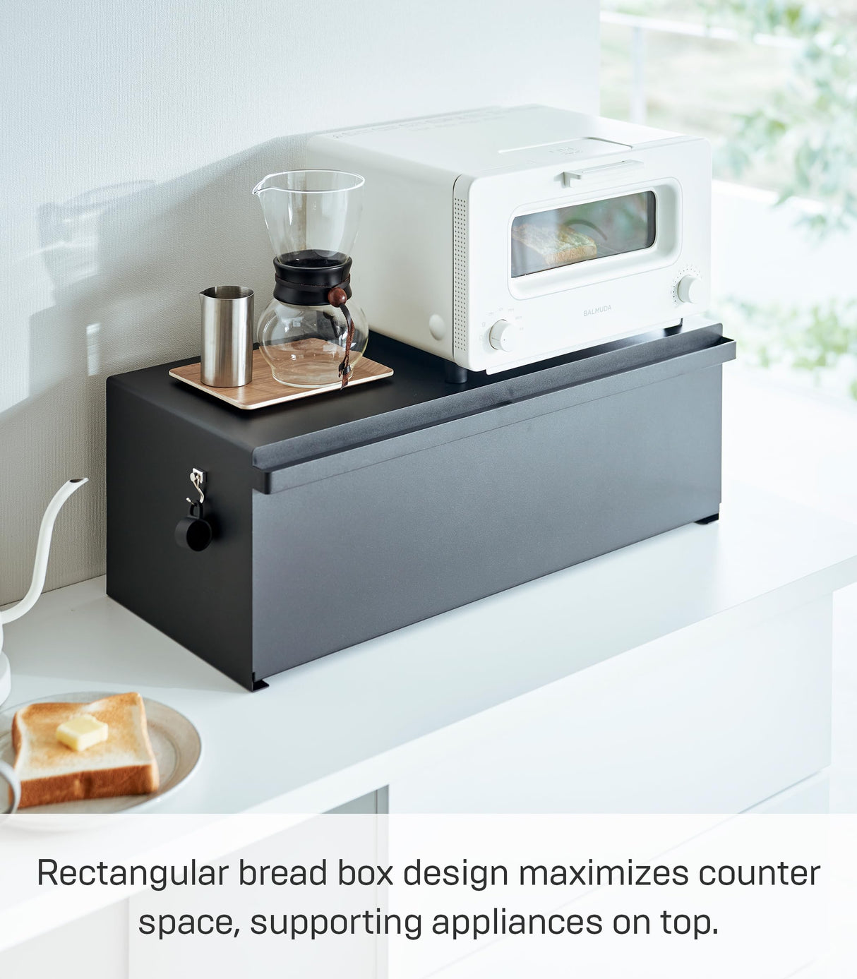 Yamazaki Home Tower Wide Bread Box Keeper Holder Container, Metal Bread Holder Saver, Large Counter Storage - Steel YAMAZAKI