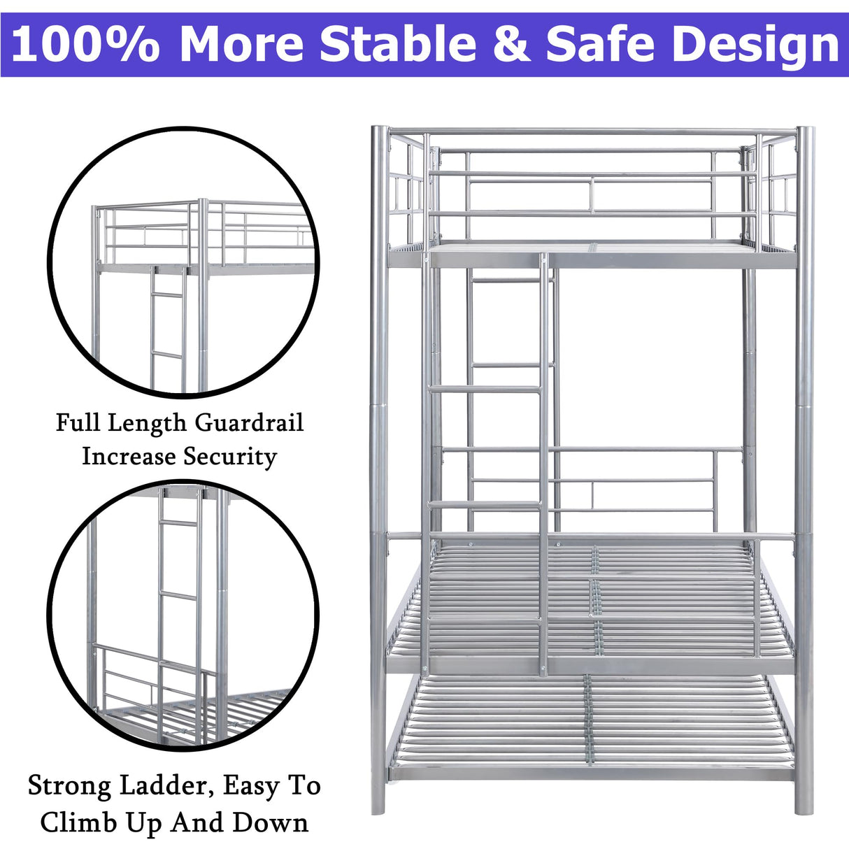 Heavy Duty Metal Bunk Bed Twin Over Twin for Kids Adults, Modern Twin Over Twin Bunk Bed with Trundle, Latest Version Twin Size Bunk Beds Frame, Convertible Bunkbed with Safety Guard Rails (Silver) FUSVZ