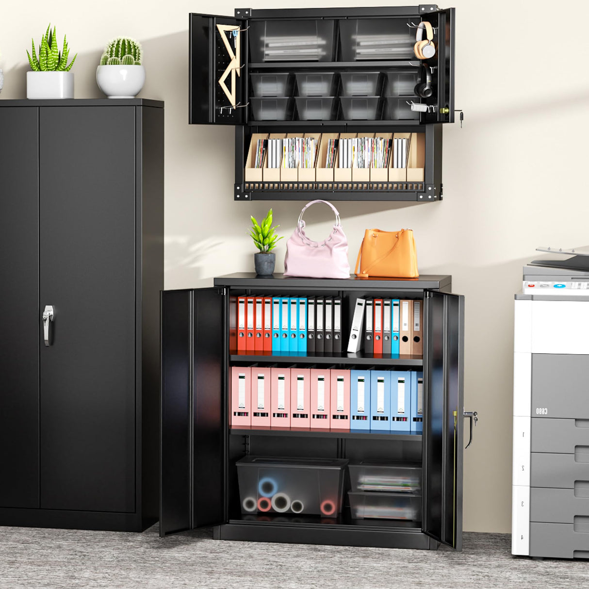 Greenvelly Metal Storage Cabinet, 42" Metal Locking Cabinet with Doors and 2 Adjustable Shelves, Black Steel Cabinet with Lock for Office, Garage, Home, School Greenvelly
