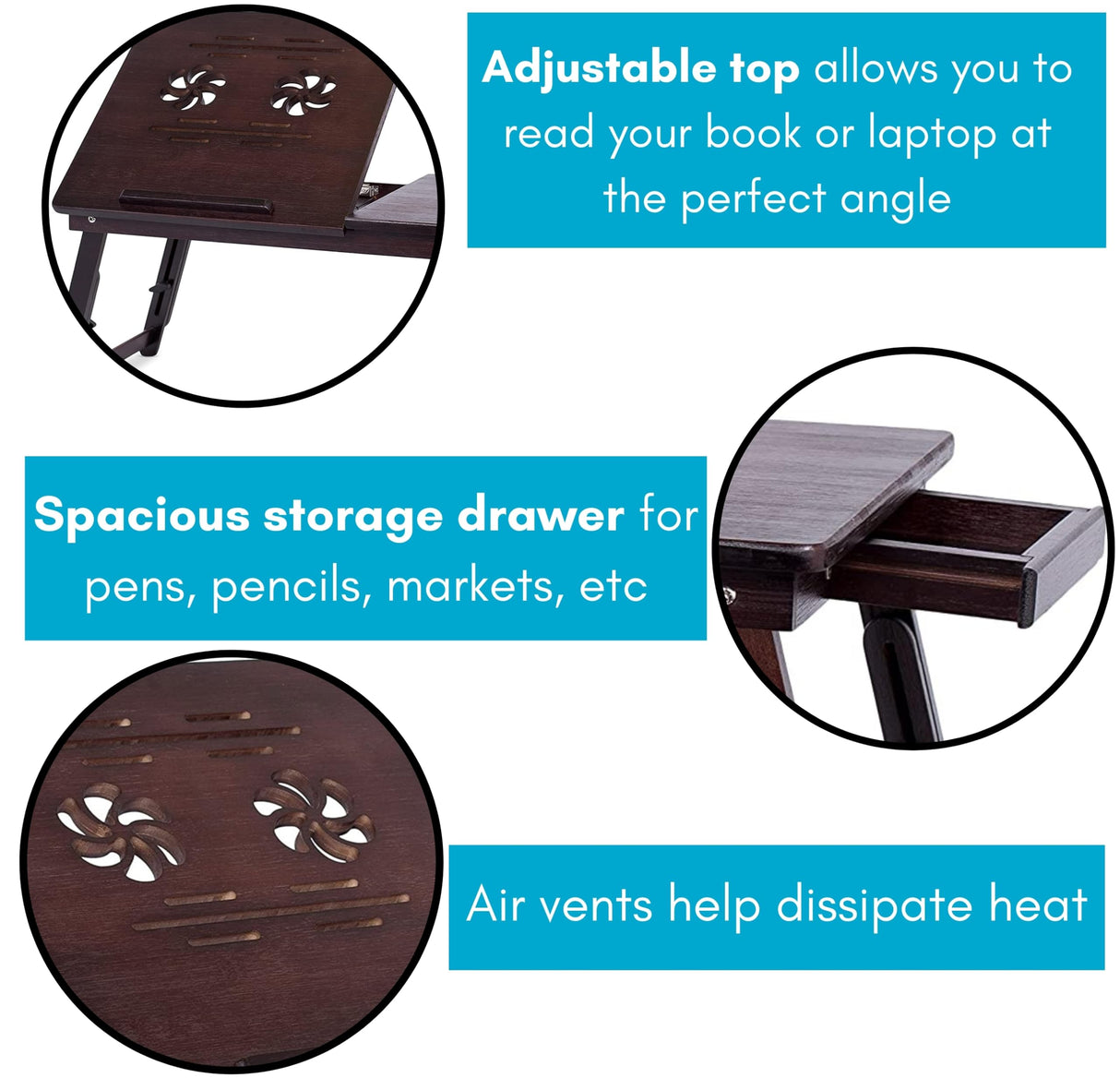 Sofia + Sam Multi Tasking Lap Desk with Venting for Computer Heat | Adjustable Legs and Pullout Drawer | Fits Laptops Up to 15" | Walnut | Laptop Bed Tray | Folding TV Tray Table Sofia + Sam