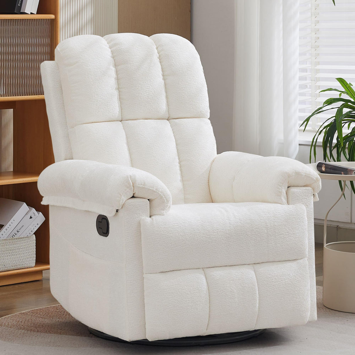 Korser Recliner Chair, Swivel Rocker Recliner Chair for Adults, Small Recliners for Small Spaces, Upholstered Manual Recliner with Side Pockets, Nursery Rocking Chair for Living Room, Chenille, Beige Korser