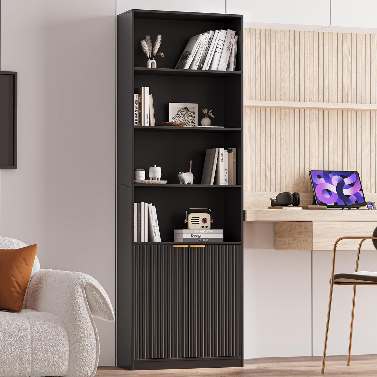 INNOD 72" Tall Book Shelve Bookcases with Doors, Floor Standing 6 Shelf Display Storage Shelves, Book Shelf with Storage Cabinet, Home Decor Furniture for Living Room Bedroom and Home Office INNOD