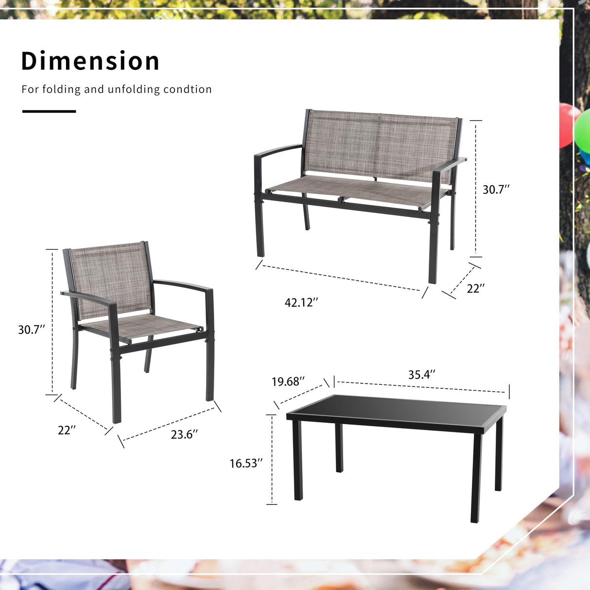 Shintenchi 4 Pieces Patio Furniture Set All Weather Textile Fabric Outdoor Conversation Set, with Glass Coffee Table, Loveseat, 2 Single Chairs for Home, Garden, Lawn, Porch(Light Brown) Shintenchi