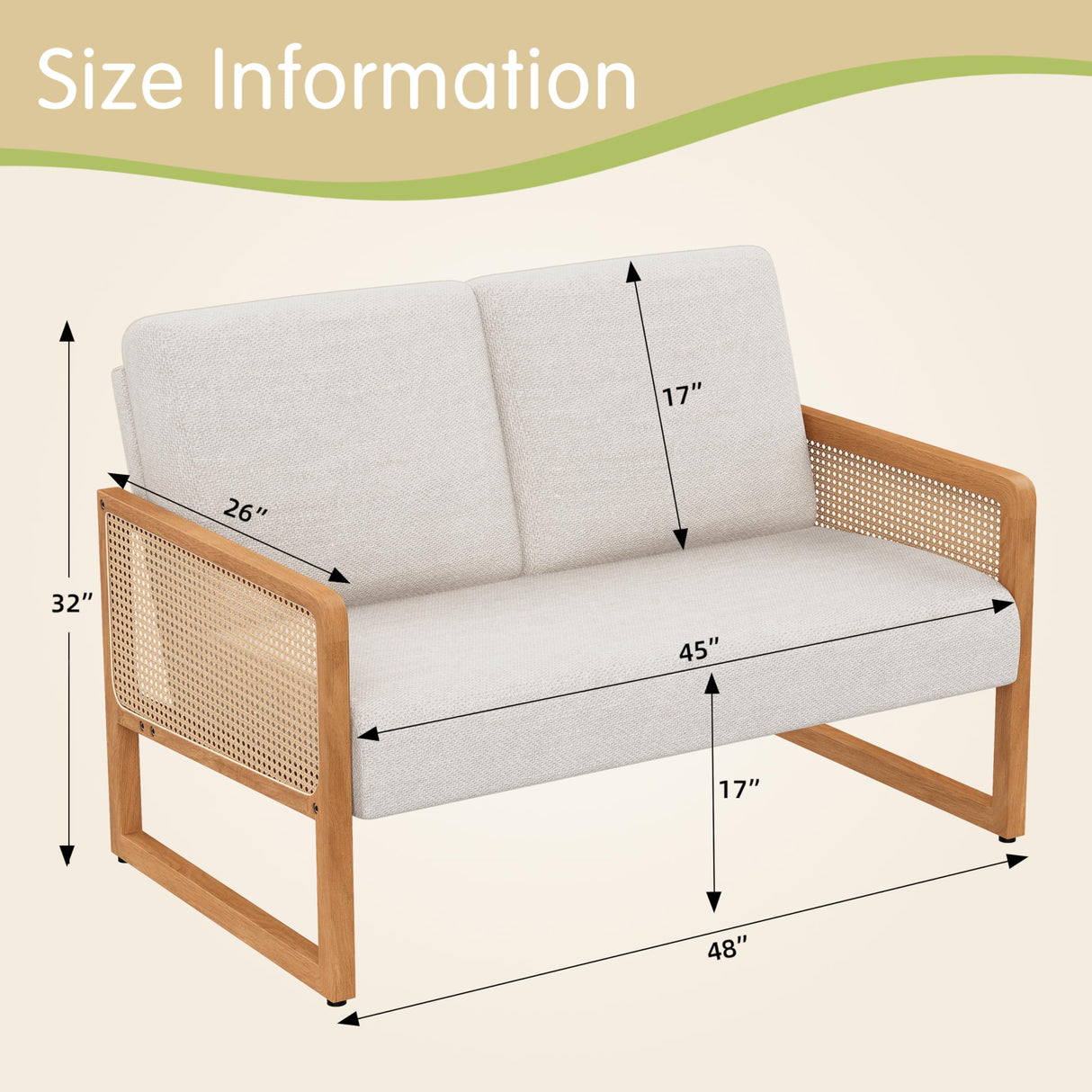 Alunaune Modern Loveseat Bench Couch with Natural Rattan Arm, Upholstered Linen Small Love Seat Sofa 2-Seats Living Room Couch Settee, Comfy Lounge Recliner Chair-Ivory Alunaune