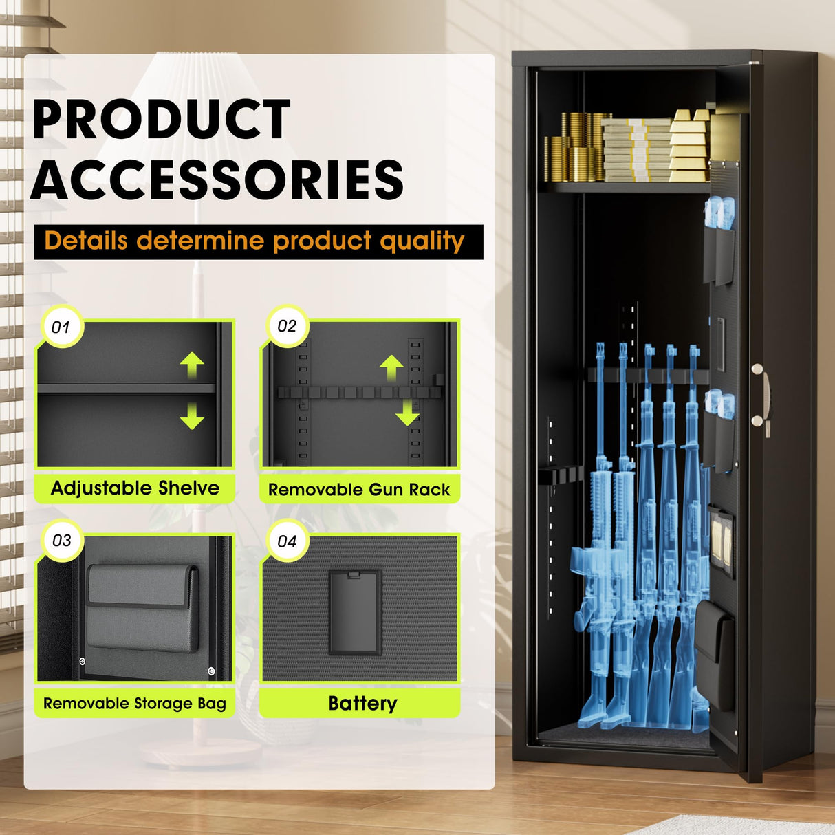 Greenvelly 10-14 Gun Safe for Rifles and Pistols, Quick Access Gun Safe with Adjustable Gun Rack and Keypad Lock, Lockable Gun Cabinets with Gun Safes Pockets for Home Rifles and Shotguns Greenvelly