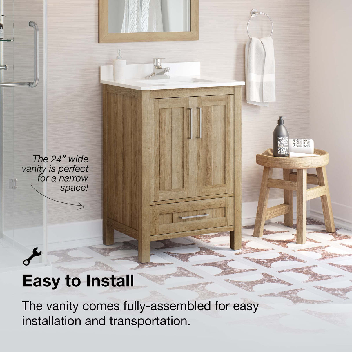 OVE Decors Kansas 24" Single Sink Bathroom Vanity Set with Countertop, Fully-Assembled | Ceramic Sink and Backsplash Included | 02 Doors, 01 Drawer, 24 inches, White Oak OVE Decors