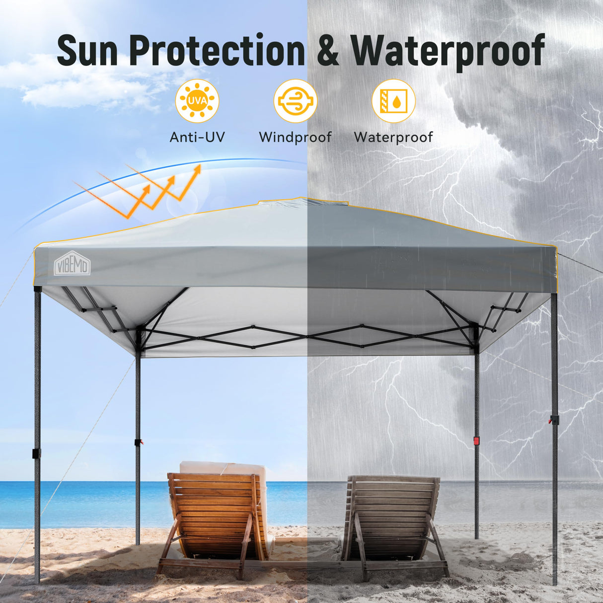 Vibemo Canopy Tent 10x10, 1-Person Setup Pop Up Canopy Tent with Roller Bag, 3 Adjustable Height, 4 Sandbags, 8 Stakes, 4 Guylines, Waterproof and UPF50+ Sun Protection Outdoor Canopy for Party,Beach Vibemo